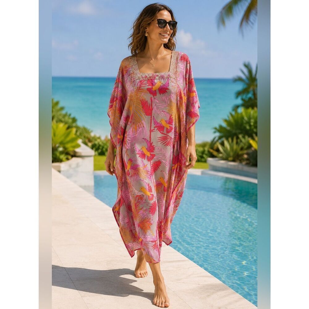 Soft Surroundings Tropical Bird Print Bahia Caftan Maxi Dress